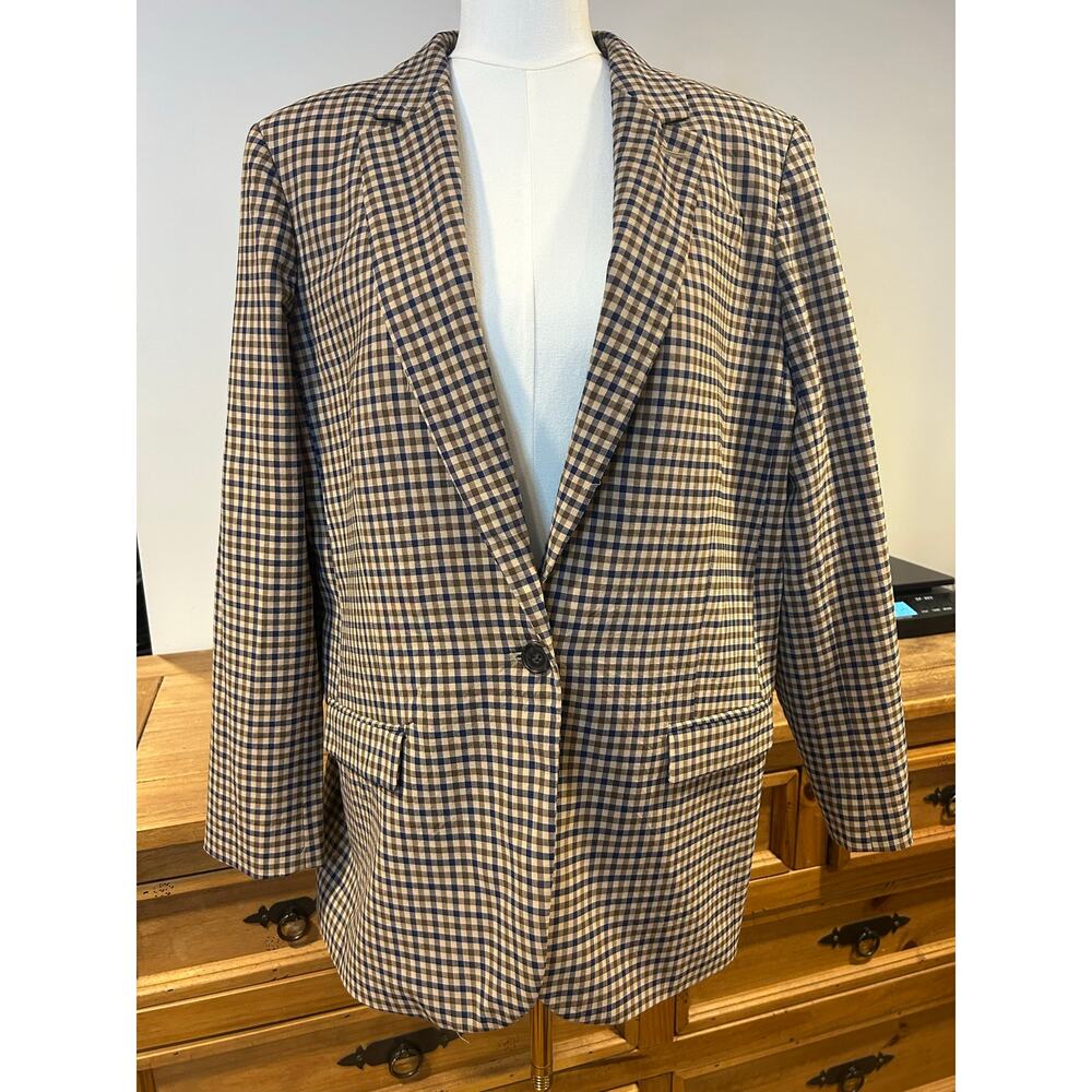 J.Crew Sz 16 Checked Alfie Blazer Neutral Brown Navy Plaid Single-Breasted Wool